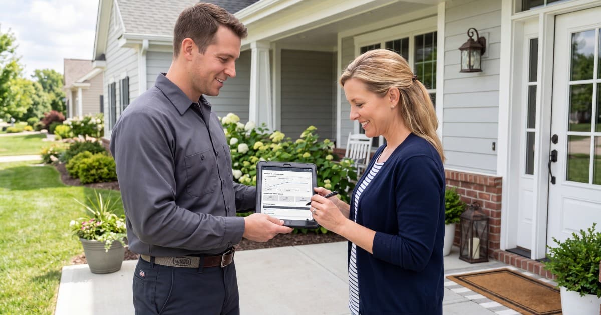 Pest control provider reviewing a service schedule with a homeowner