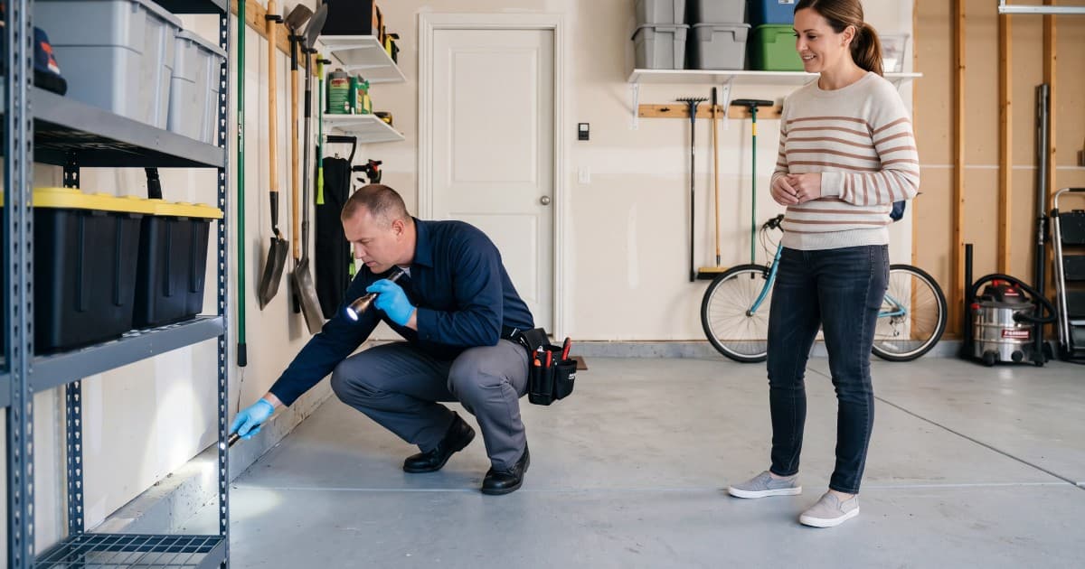 Pest control provider inspecting a garage while a homeowner watches